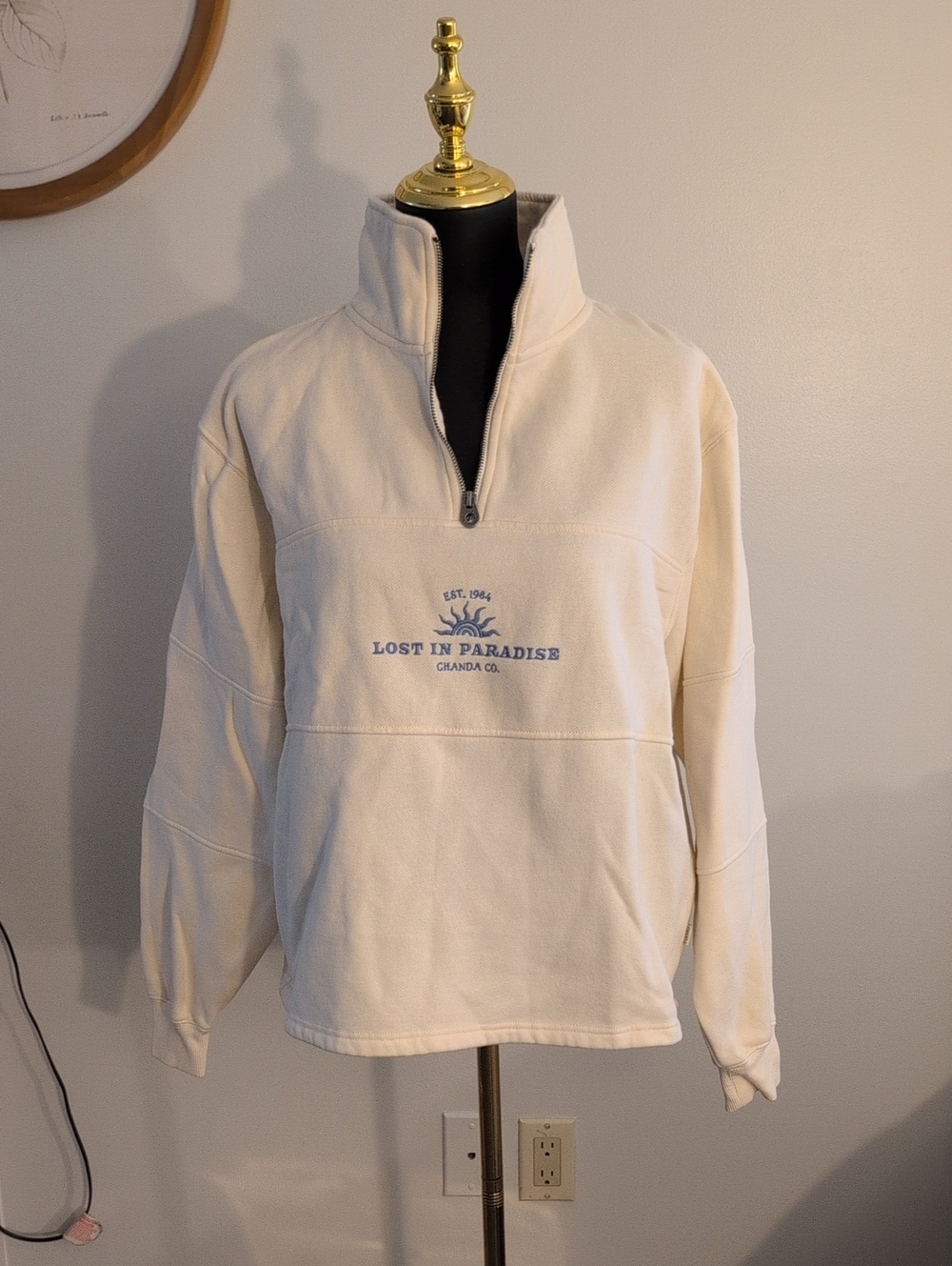 Ghanda Cream Zip-Up Sweater with 'Lost in Paradise' Embroidery